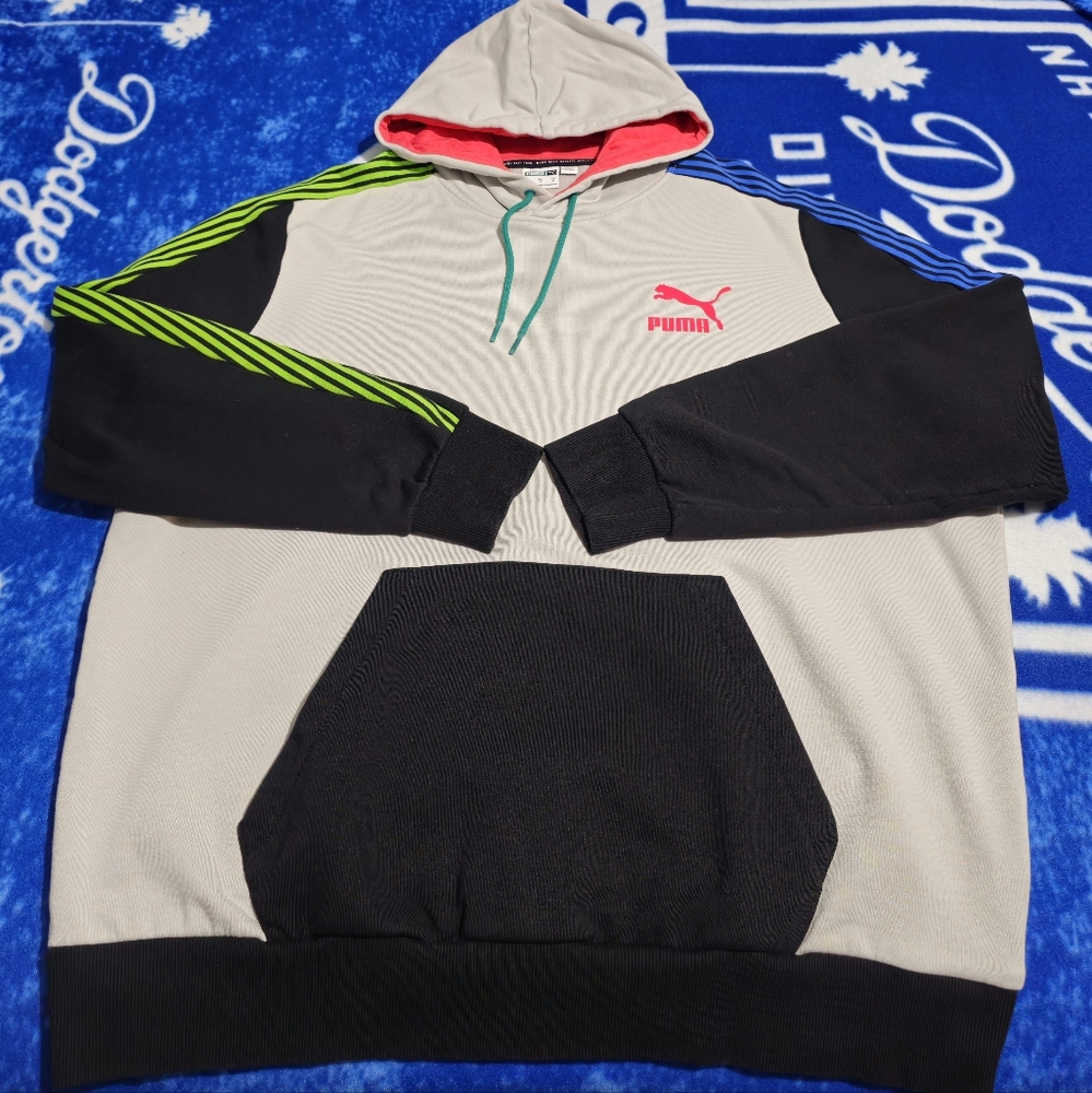 Puma Dazed T7 Hoodie Mens XL Gray Violet Logo Cotton Kangaroo Pocket Pullover